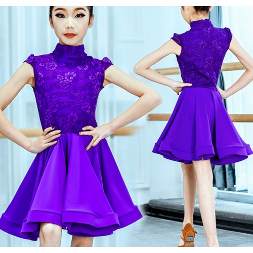 Girls latin dresses  violet lace competition ballroom dresses stage performance rumba salsa chacha  dancing costumes dancewear